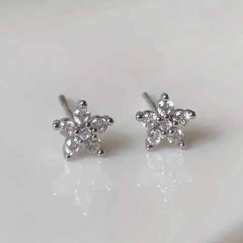 Cubic Zirconia Cluster Flower Stud Earrings | Silver